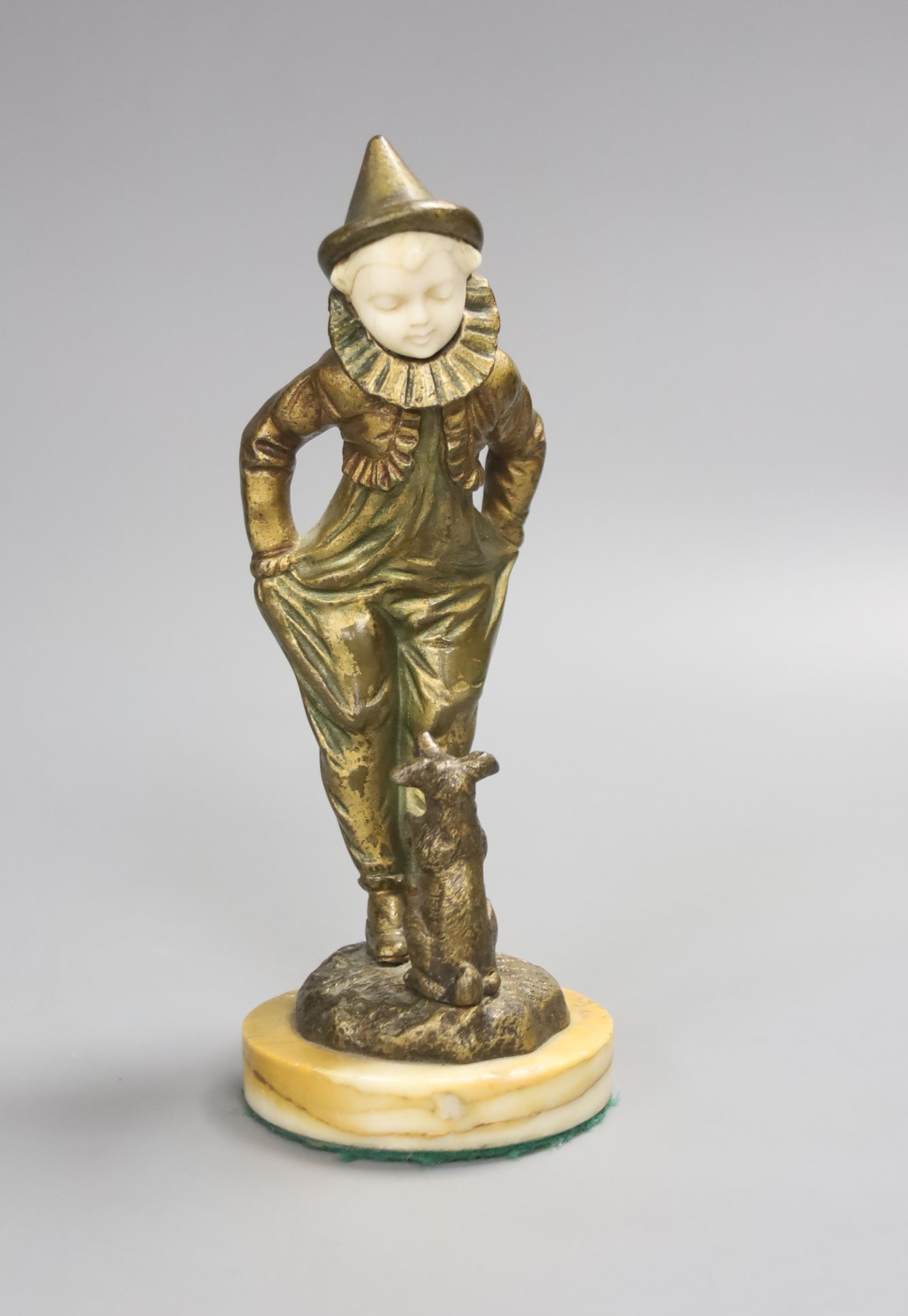 Georges Omerth. An Art Deco gilt bronze and ivory of a pierrot and dog, height 20cm